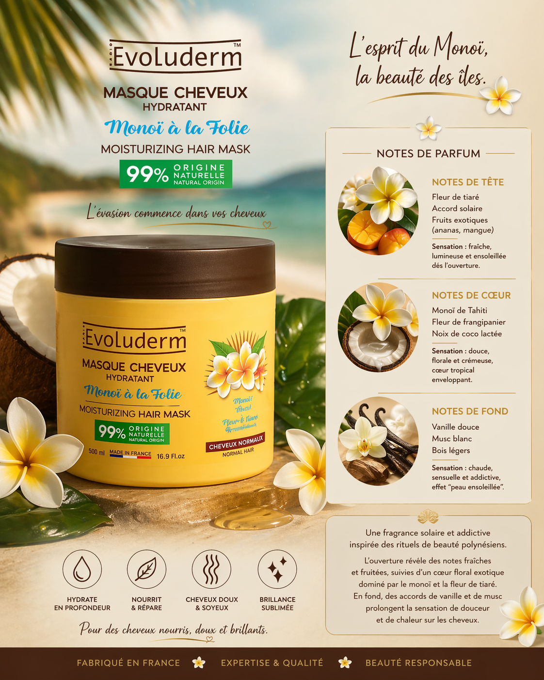 Masque Cheveux Hydratant Monoï à la Folie – 99% d’origine naturelle